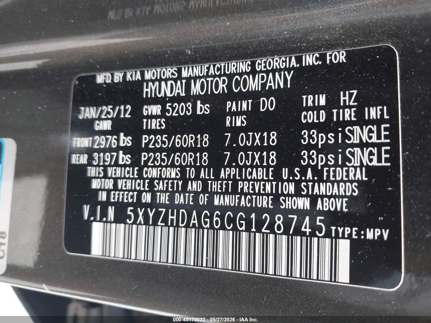 2012 Hyundai Santa fe VIN 5XYZHDAG6CG128745 IAAI salvage auction — NORMAL WEAR, Clear (Florida), sold $525 on 2026-07-27 (photo 9)