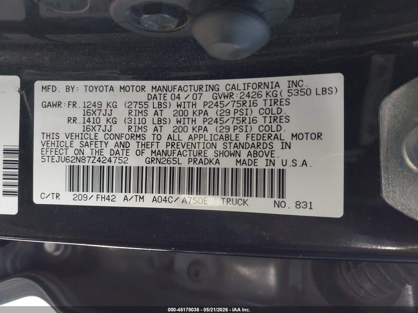 2007 Toyota Tacoma VIN 5TEJU62N87Z424752 IAAI salvage auction — FRONT END, Salvage (California), sold $3,850 on 2026-07-22 (photo 9)