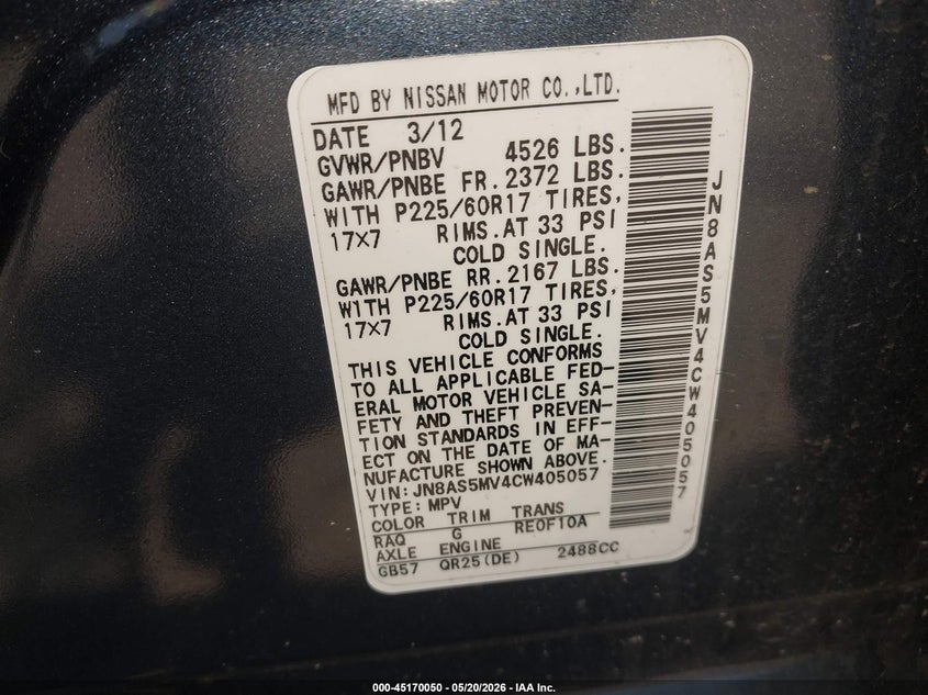2012 Nissan Rogue VIN JN8AS5MV4CW405057 IAAI salvage auction — FRONT END, Salvage (New Jersey), sold $25 on 2026-07-29 (photo 9)