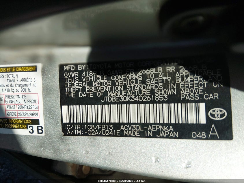 2004 Toyota Camry VIN JTDBE30K340261853 IAAI salvage auction — LEFT & RIGHT, Salvage (South Carolina), sold $225 on 2026-07-08 (photo 9)