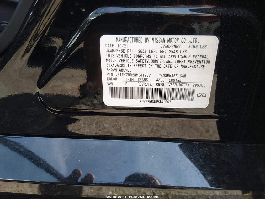 2022 Infiniti Q50 VIN JN1EV7BR2NM341267 IAAI salvage auction — UNDERCARRIAGE, Salvage (Massachusetts), sold $9,025 on 2026-07-31 (photo 9)