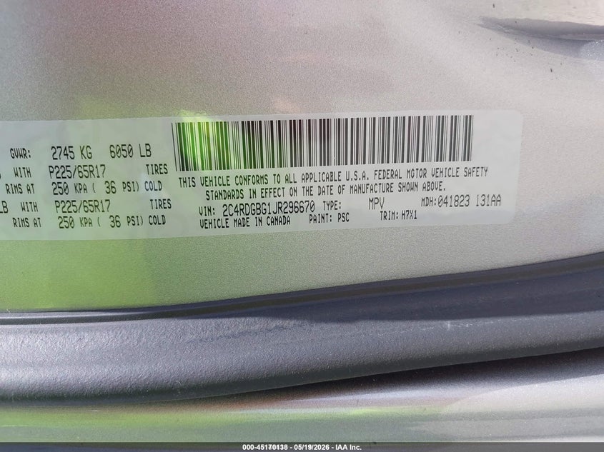 2018 Dodge Caravan VIN 2C4RDGBG1JR296670 IAAI salvage auction — NORMAL WEAR, Sf97 (Texas), sold $17,275 on 2026-07-07 (photo 9)