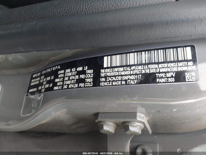 2022 Jeep Renegade VIN ZACNJDB15NPN80117 IAAI salvage auction — REAR END, Clear (Oklahoma), sold $3,000 on 2026-08-07 (photo 9)