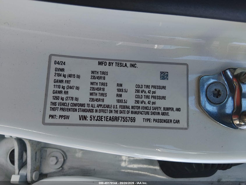 2024 Tesla Model 3 VIN 5YJ3E1EA6RF755769 IAAI salvage auction — RIGHT REAR, Rebuildable (Florida), sold $13,400 on 2026-07-09 (photo 9)