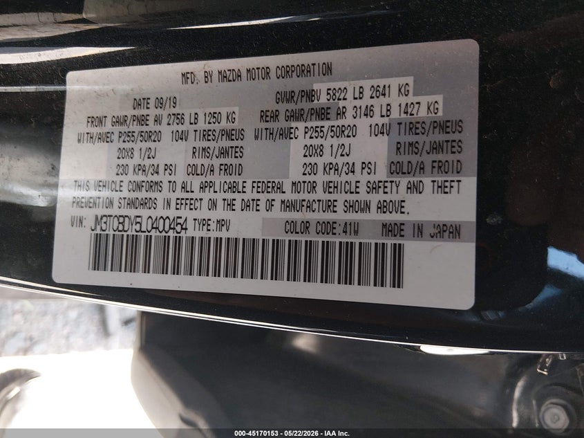 2020 Mazda Cx-9 VIN JM3TCBDY5L0400454 IAAI salvage auction — LEFT FRONT, Salvage (Colorado), sold $25 on 2026-07-29 (photo 9)