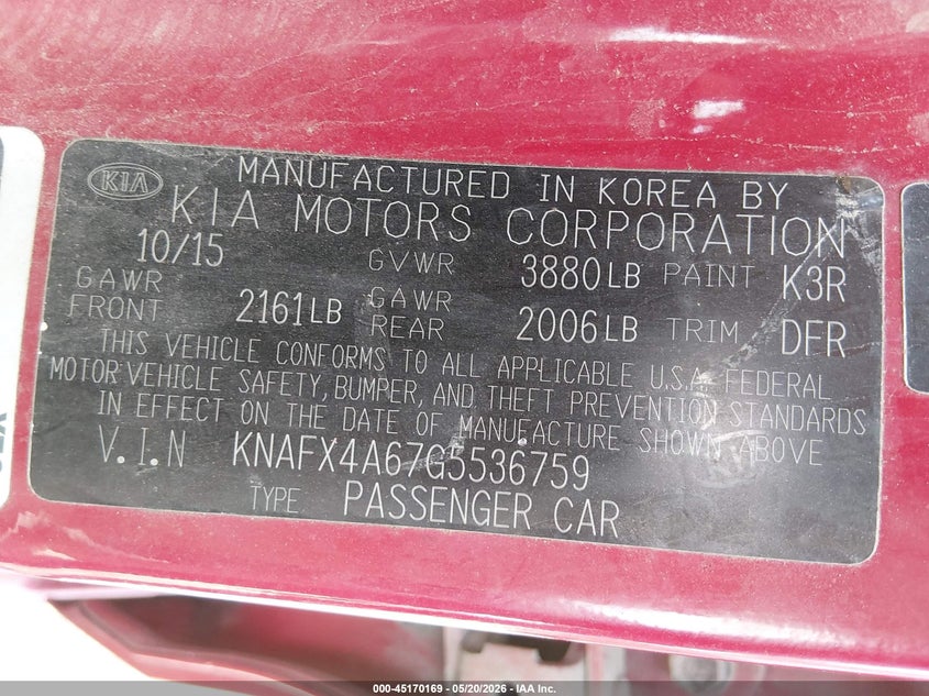 2016 Kia Forte VIN KNAFX4A67G5536759 IAAI salvage auction — FRONT END, Salvage (West Virginia), sold $300 on 2026-07-09 (photo 9)