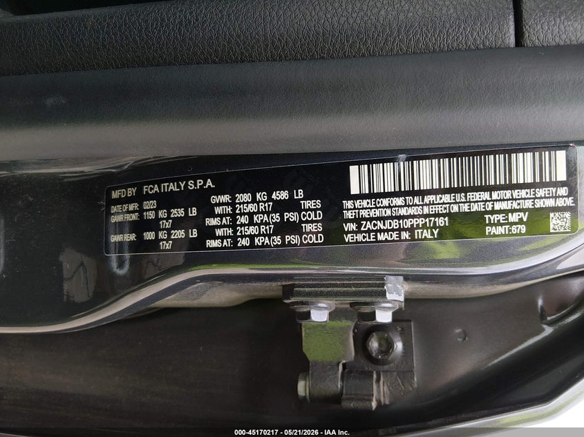 2023 Jeep Renegade VIN ZACNJDB10PPP17161 IAAI salvage auction — HAIL, Clear (Missouri), sold $5,525 on 2026-08-10 (photo 9)