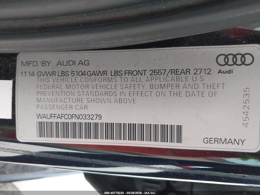2015 Audi A6 VIN WAUFFAFC0FN033279 IAAI salvage auction — RIGHT REAR, Salvage (Texas), sold $2,325 on 2026-07-20 (photo 9)
