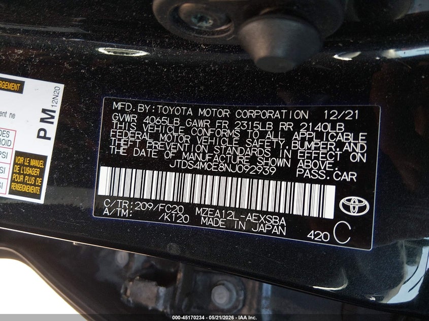 2022 Toyota Corolla VIN JTDS4MCE8NJ092939 IAAI salvage auction — HAIL, Salvage (Ohio), sold $8,650 on 2026-07-07 (photo 9)