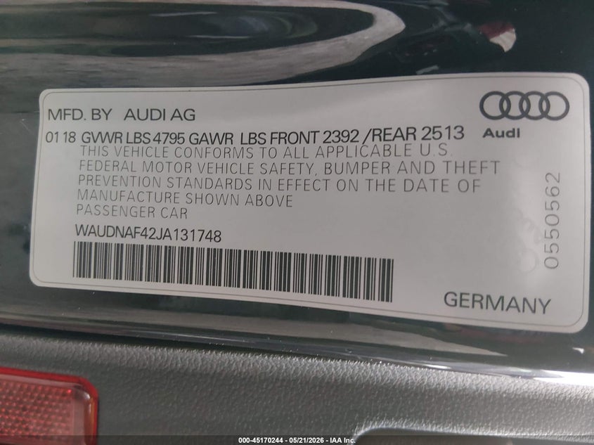 2018 Audi A4 VIN WAUDNAF42JA131748 IAAI salvage auction — REAR END, Salvage Title, sold $4,250 on 2026-07-28 (photo 9)