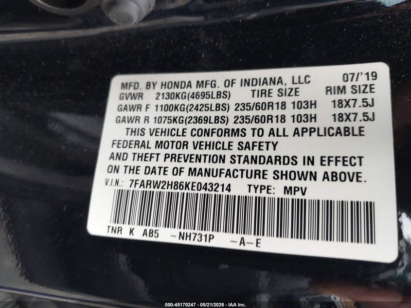 2019 Honda Cr-v VIN 7FARW2H86KE043214 IAAI salvage auction — REAR END, Salvage (Pennsylvania), sold $5,100 on 2026-07-09 (photo 9)