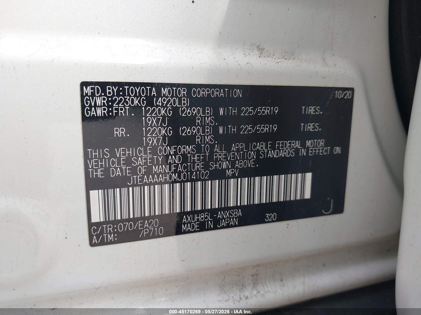 2021 Toyota Venza VIN JTEAAAAH0MJ014102 IAAI salvage auction — FRONT END, Salvage Title, sold $15,700 on 2026-07-07 (photo 9)