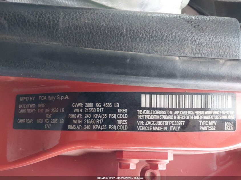 2015 Jeep Renegade VIN ZACCJBBT6FPC33977 IAAI salvage auction — FRONT END, Salvage (Texas), sold $500 on 2026-07-07 (photo 9)