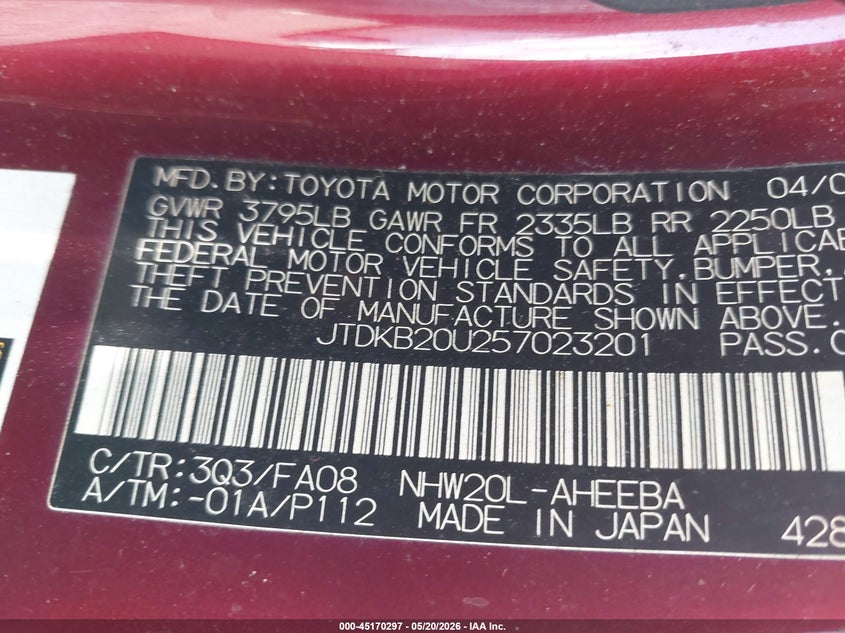 2005 Toyota Prius VIN JTDKB20U257023201 IAAI salvage auction — NORMAL WEAR, Salvage (Texas), sold $325 on 2026-07-28 (photo 9)