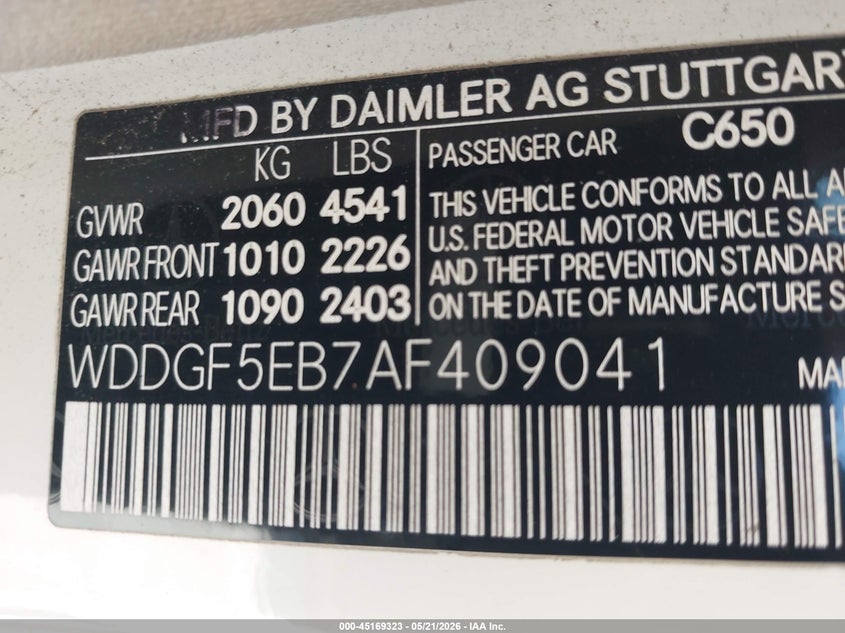 2010 Mercedes-benz C-klasse VIN WDDGF5EB7AF409041 IAAI salvage auction — RIGHT SIDE, Salvage (California), sold $825 on 2026-07-06 (photo 9)