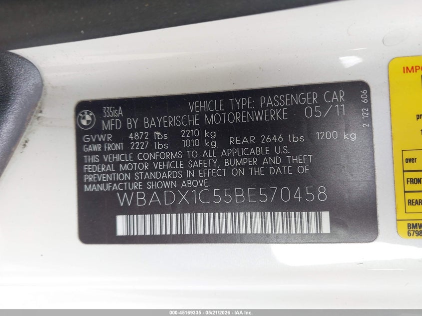 2011 BMW 3er VIN WBADX1C55BE570458 IAAI salvage auction — FRONT END, Salvage (South Carolina), sold $5,500 on 2026-08-03 (photo 9)