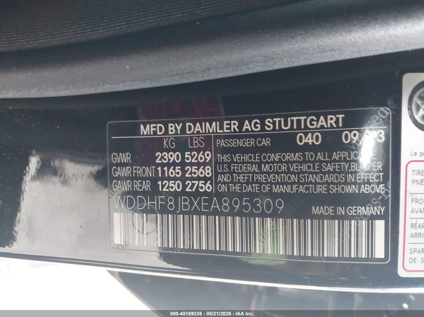 2014 Mercedes-benz E-klasse VIN WDDHF8JBXEA895309 IAAI salvage auction — LEFT FRONT, Salvage (Connecticut), sold $2,150 on 2026-07-09 (photo 9)