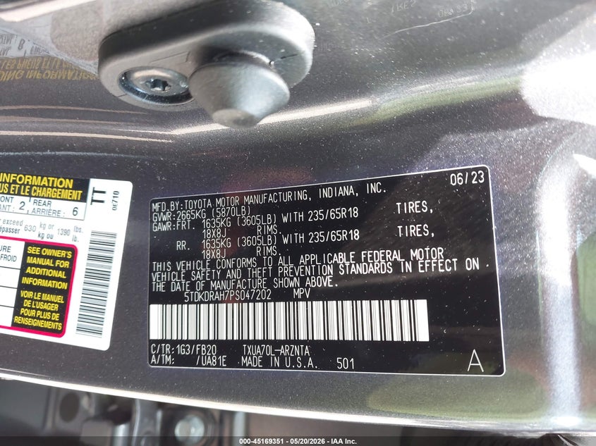 2023 Toyota Highlander VIN 5TDKDRAH7PS047202 IAAI salvage auction — RIGHT SIDE, Salvage (Georgia), sold $13,750 on 2026-07-31 (photo 9)
