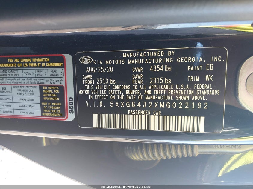 2021 Kia K5 VIN 5XXG64J2XMG022192 IAAI salvage auction — FRONT END, Certificate Of Destruction (Florida), sold $3,200 on 2026-07-09 (photo 9)