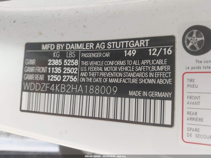 2017 Mercedes-benz E-klasse VIN WDDZF4KB2HA188009 IAAI salvage auction — WATER/FLOOD, Wait Title, sold $4,375 on 2026-08-18 (photo 9)