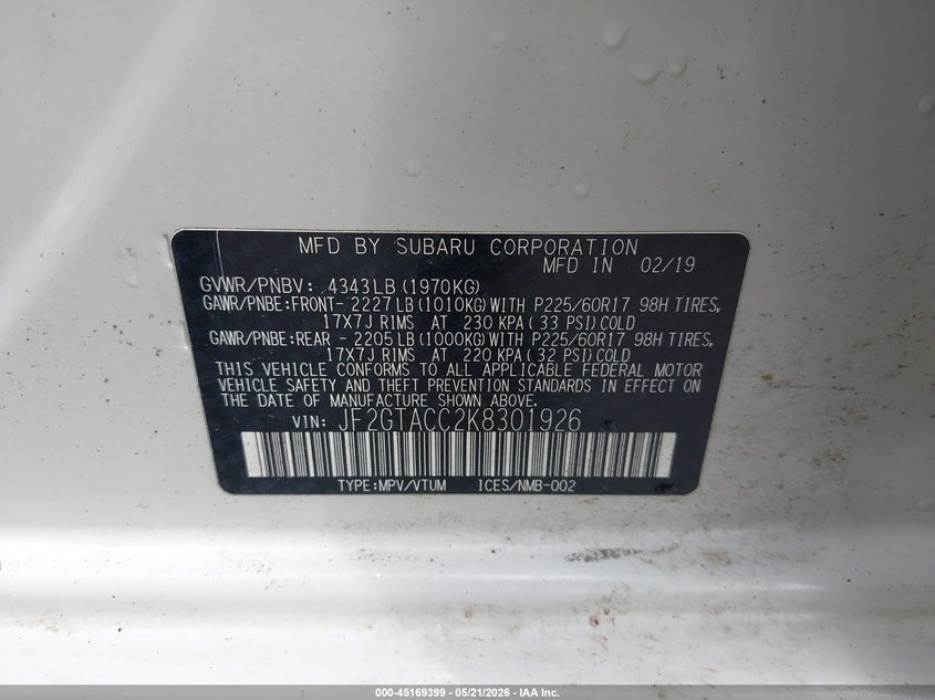 2019 Subaru Xv VIN JF2GTACC2K8301926 IAAI salvage auction — FRONT & REAR, Salvage (Nebraska), sold $425 on 2026-07-16 (photo 9)