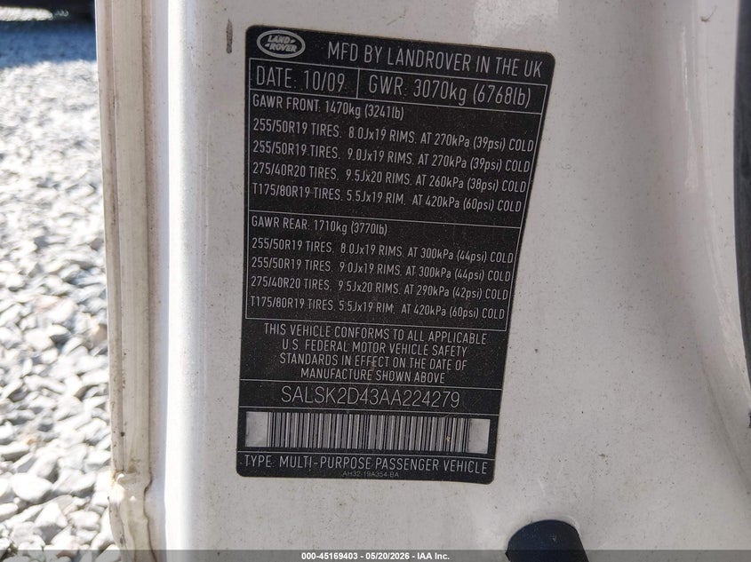 2010 Land rover Range rover sport VIN SALSK2D43AA224279 IAAI salvage auction — NORMAL WEAR, Clear (Montana), sold $675 on 2026-07-10 (photo 9)