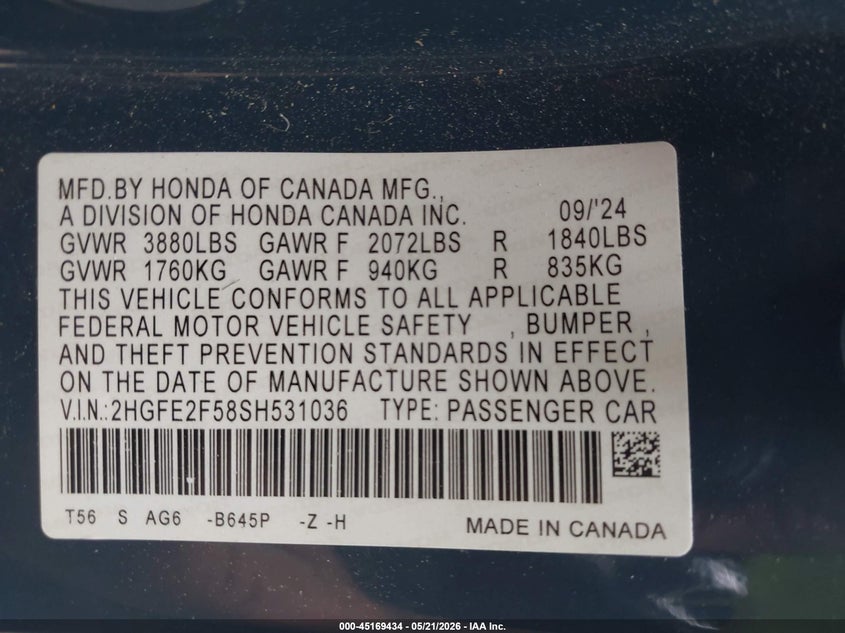 2025 Honda Civic VIN 2HGFE2F58SH531036 IAAI salvage auction — REAR END, Original (Texas), sold $10,950 on 2026-07-30 (photo 9)