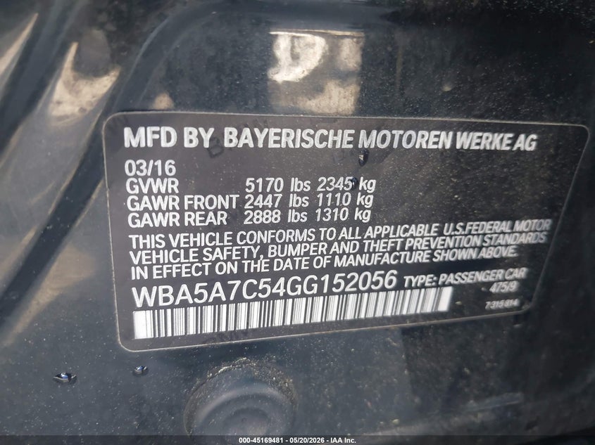2016 BMW 5er VIN WBA5A7C54GG152056 IAAI salvage auction — NORMAL WEAR, Clear (Virginia), sold $425 on 2026-07-22 (photo 9)