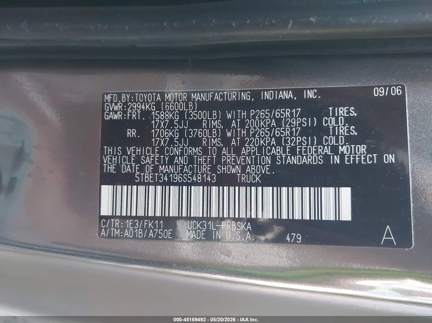2006 Toyota Tundra VIN 5TBET34196S548143 IAAI salvage auction — RIGHT REAR, Salvage (Arizona), sold $1,800 on 2026-07-07 (photo 9)