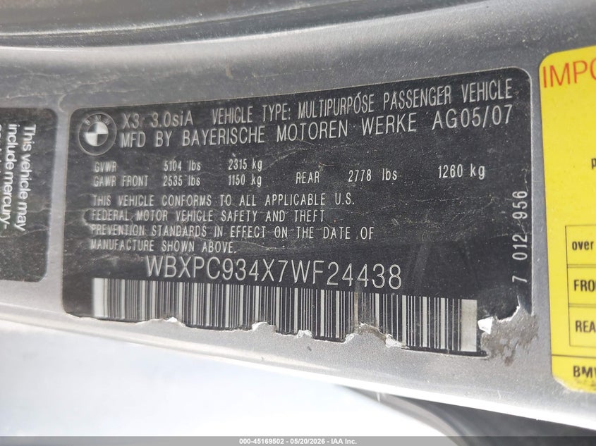 2007 BMW X3 VIN WBXPC934X7WF24438 IAAI salvage auction — HAIL, Clear (Wisconsin), sold $700 on 2026-07-14 (photo 9)