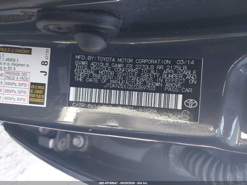 2014 Toyota Prius VIN JTDKN3DU2E0369703 IAAI salvage auction — LEFT FRONT, Salvage (Georgia), sold $2,000 on 2026-07-07 (photo 9)