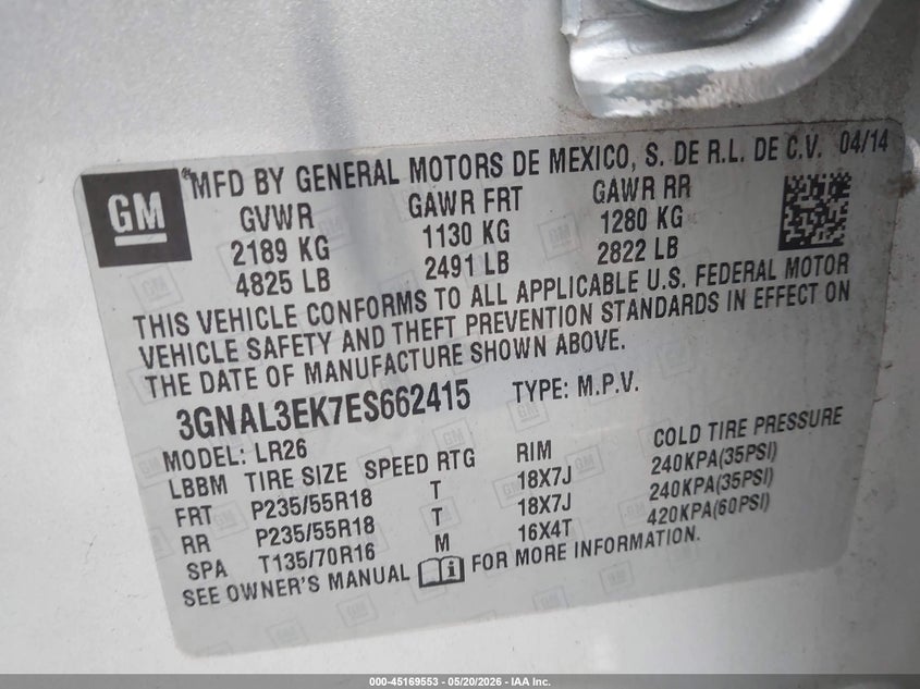 2014 Chevrolet Captiva sport VIN 3GNAL3EK7ES662415 IAAI salvage auction — LEFT FRONT, Salvage (Pennsylvania), sold $1,050 on 2026-08-19 (photo 9)