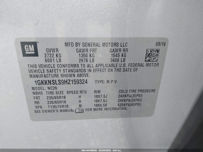 2017 Gmc Acadia VIN 1GKKNSLS9HZ159324 IAAI salvage auction — REAR END, Salvage Title, sold $2,150 on 2026-07-12 (photo 9)