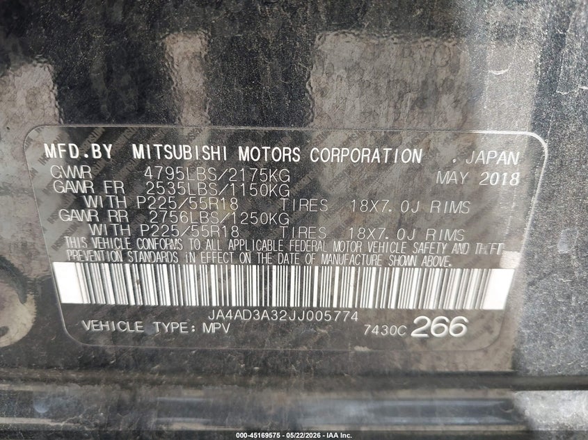 2018 Mitsubishi Outlander VIN JA4AD3A32JJ005774 IAAI salvage auction — FRONT END, Original (Texas), sold $2,150 on 2026-07-29 (photo 9)