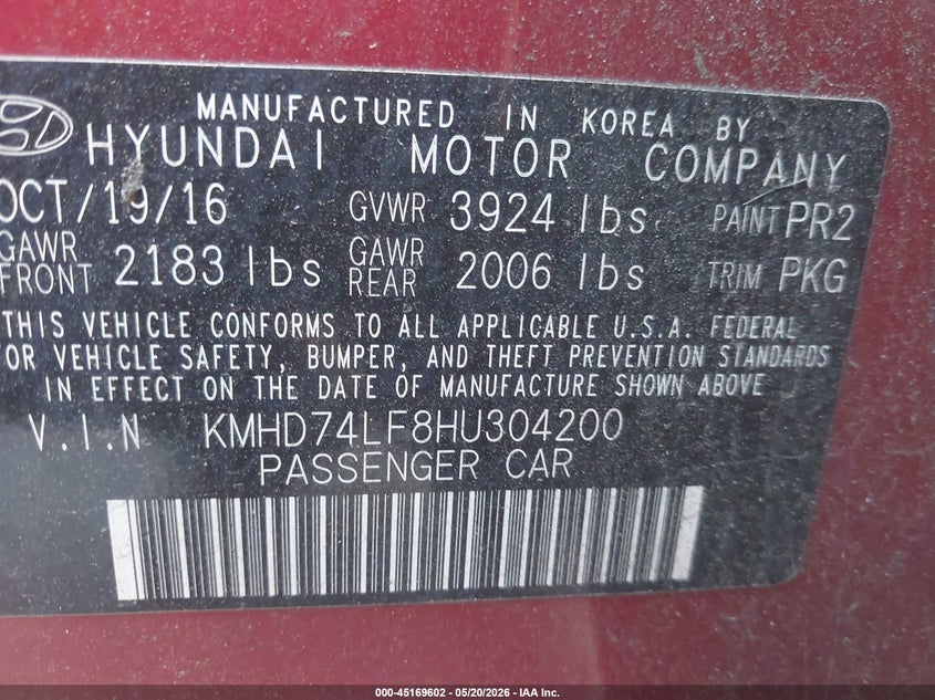 2017 Hyundai Elantra VIN KMHD74LF8HU304200 IAAI salvage auction — THEFT, Salvage (California), sold $1,750 on 2026-07-29 (photo 9)