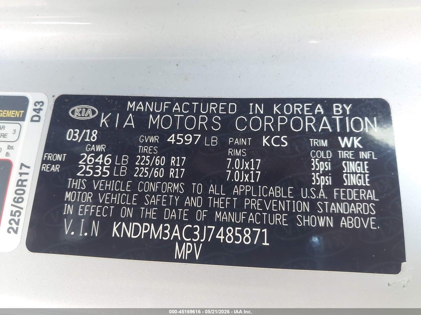 2018 Kia Sportage VIN KNDPM3AC3J7485871 IAAI salvage auction — NORMAL WEAR, Salvage (Texas), sold $2,575 on 2026-07-28 (photo 9)