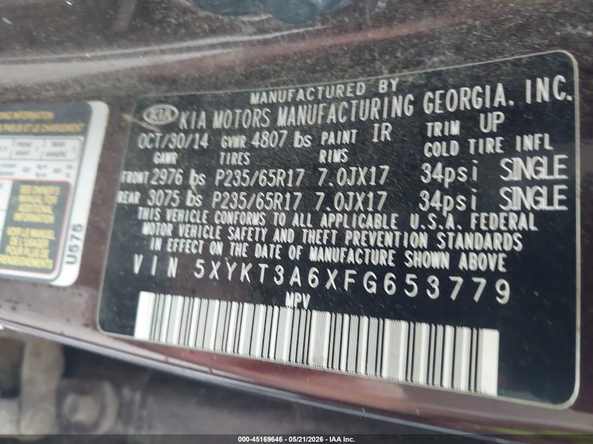 2015 Kia Sorento VIN 5XYKT3A6XFG653779 IAAI salvage auction — RIGHT SIDE, Clear (Virginia), sold $875 on 2026-07-28 (photo 9)