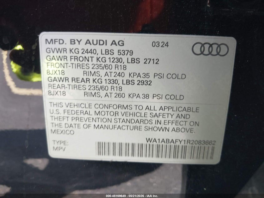 2024 Audi Q5 VIN WA1ABAFY1R2083662 IAAI salvage auction — RIGHT SIDE, Rebuildable (Florida), sold $14,575 on 2026-07-23 (photo 9)