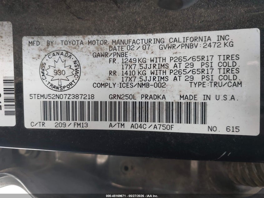 2007 Toyota Tacoma VIN 5TEMU52N07Z387218 IAAI salvage auction — LEFT FRONT, Salvage (California), sold $3,825 on 2026-07-16 (photo 9)