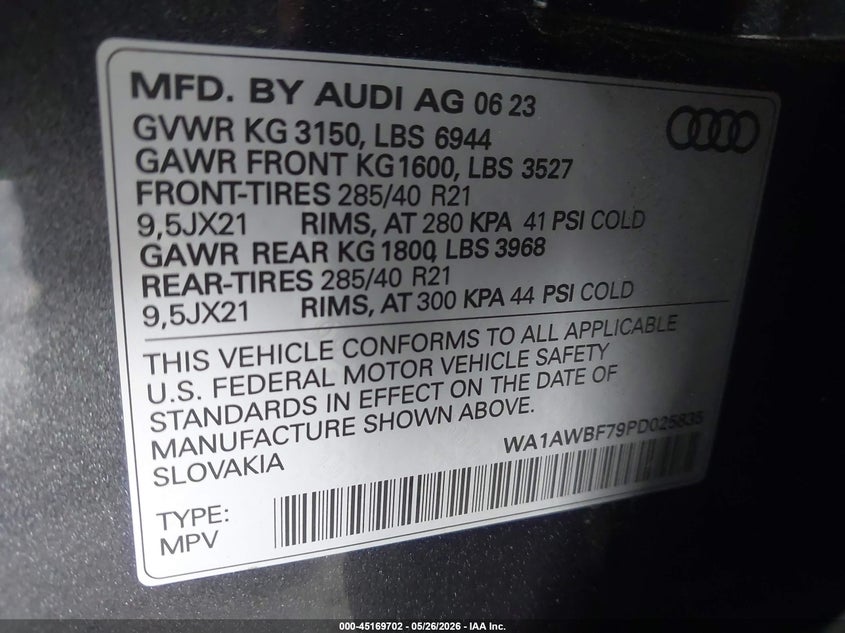 2023 Audi Sq7 VIN WA1AWBF79PD025835 IAAI salvage auction — REAR END, Salvage (Georgia), sold $20,100 on 2026-07-27 (photo 9)