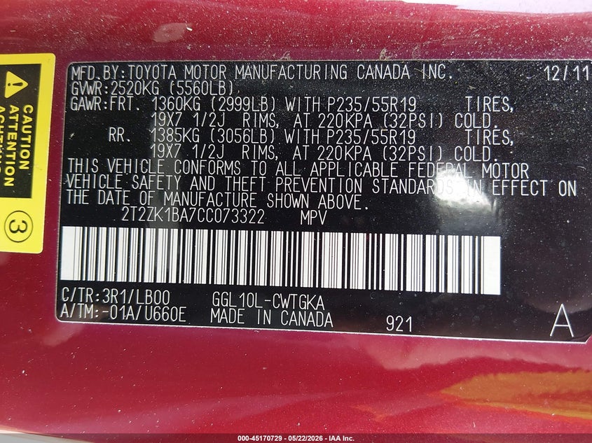 2012 Lexus VIN 2T2ZK1BA7CC073322 IAAI salvage auction — HAIL, Salvage (Kansas), sold $7,300 on 2026-07-31 (photo 9)