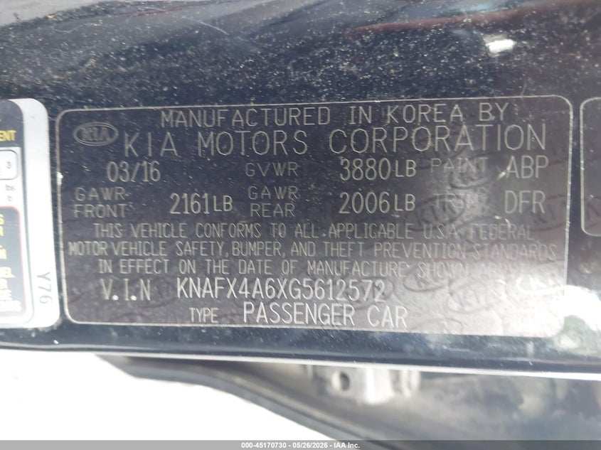 2016 Kia Forte VIN KNAFX4A6XG5612572 IAAI salvage auction — FRONT END, Salvage (South Carolina), sold $850 on 2026-07-14 (photo 9)