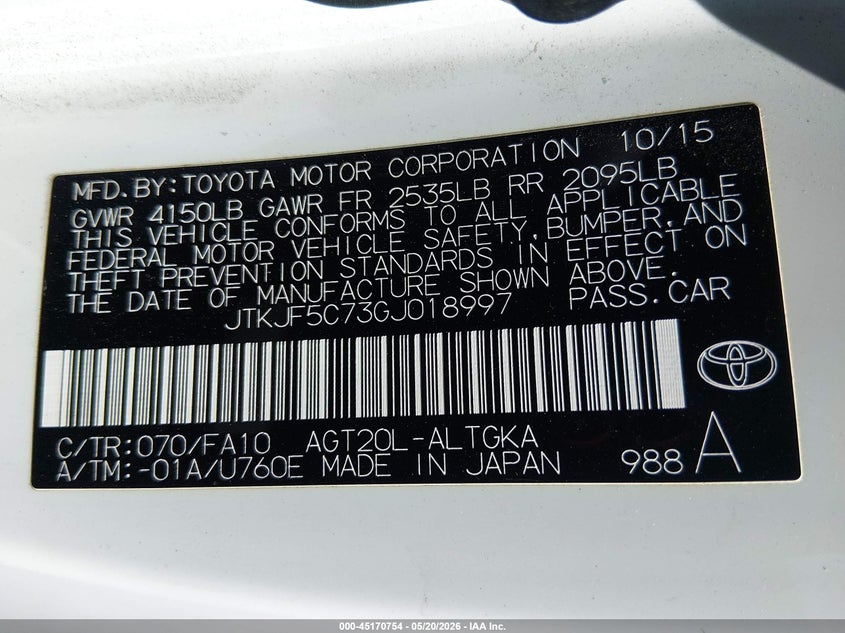 2016 Scion Tc VIN JTKJF5C73GJ018997 IAAI salvage auction — FRONT END, Salvage (Nevada), sold $1,250 on 2026-07-24 (photo 9)