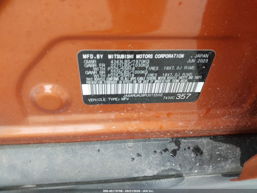 2023 Mitsubishi Outlander VIN JA4ARUAU9PU015502 IAAI salvage auction — REAR END, Salvage (Texas), sold $4,200 on 2026-07-21 (photo 9)