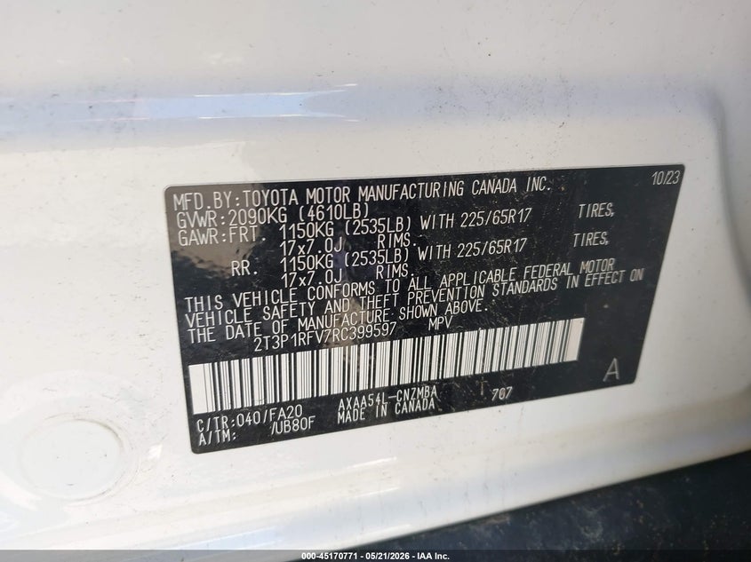 2024 Toyota Rav 4 VIN 2T3P1RFV7RC399597 IAAI salvage auction — FRONT END, Mv-907A (New York), sold $6,900 on 2026-07-18 (photo 9)