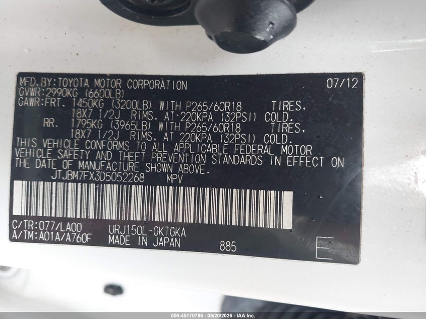 2013 Lexus Gx VIN JTJBM7FX3D5052268 IAAI salvage auction — REAR END, Original (Texas), sold $11,750 on 2026-07-16 (photo 9)