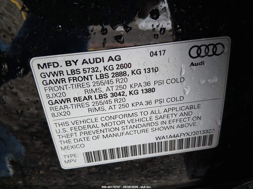 2018 Audi Sq5 VIN WA1A4AFYXJ2013320 IAAI salvage auction — FRONT END, Salvage (Oklahoma), sold $7,625 on 2026-07-07 (photo 9)