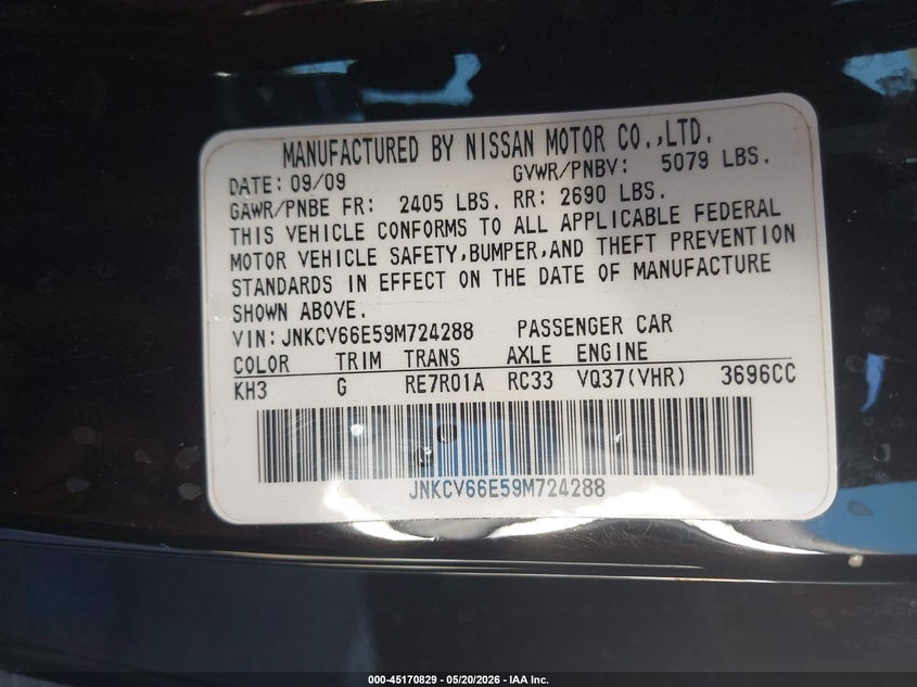 2009 Infiniti G37 VIN JNKCV66E59M724288 IAAI salvage auction — FRONT END, Salvage (Arizona), sold $350 on 2026-07-07 (photo 9)