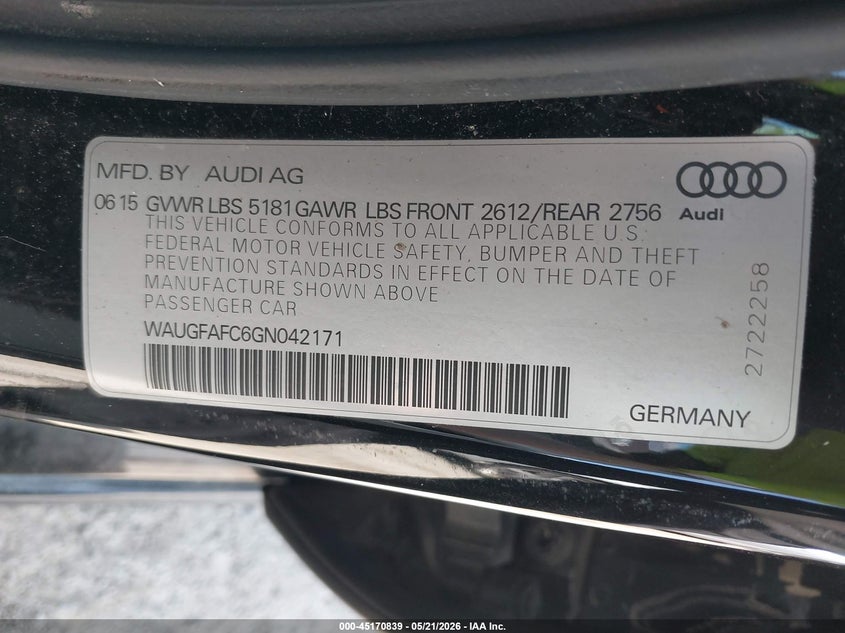 2016 Audi A6 VIN WAUGFAFC6GN042171 IAAI salvage auction — LEFT FRONT, Clear (Michigan), sold $3,025 on 2026-07-30 (photo 9)