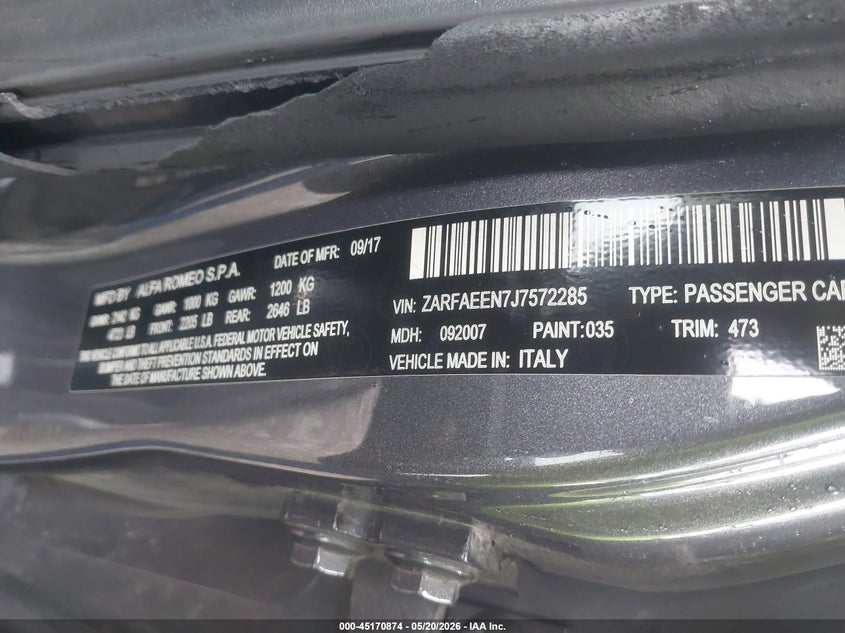 2018 Alfa romeo Giulia VIN ZARFAEEN7J7572285 IAAI salvage auction — FRONT END, Clear (Indiana), sold $2,450 on 2026-07-15 (photo 9)